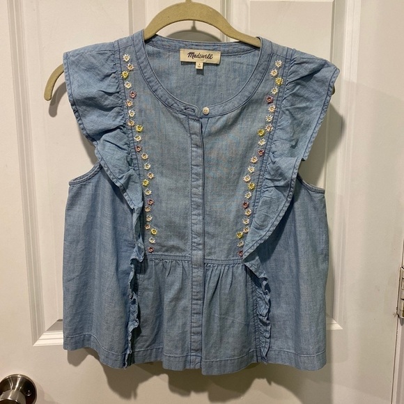 Madewell Chambray Embroidered Ruffle Button Down EUC - Picture 1 of 9